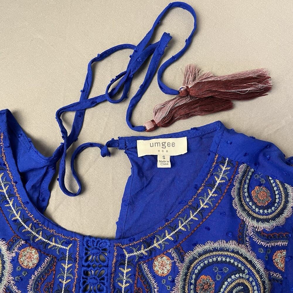 Umgee Small Blue Women's Paisley Embroidered Bell Sleeve Mini Dress Bohemian - Picture 9 of 10